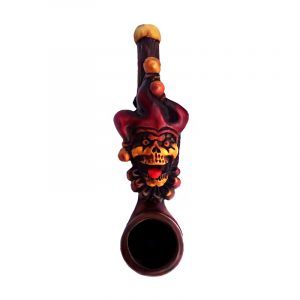 Handcrafted tobacco smoking hand pipe of an evil jester head sticking tongue out with purple and gold suit in mini size.