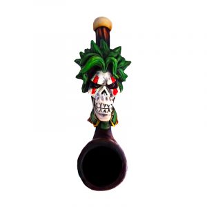Handcrafted tobacco smoking hand pipe of an evil clown skull with green hair and tie in mini size.