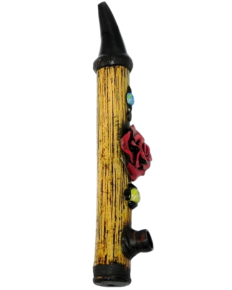 Handcrafted tobacco smoking natural bamboo wooden peace pipe of a red rose flower.