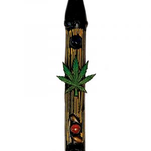 Handcrafted tobacco smoking natural bamboo wooden peace pipe of a green cannabis pot leaf.