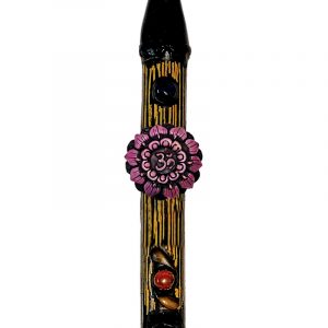 Handcrafted tobacco smoking natural bamboo wooden peace pipe of a Crown chakra symbol, represented by the Om sign and a violet-colored lotus flower.