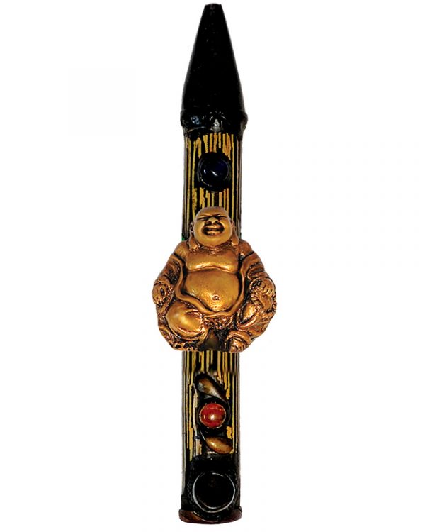 Handcrafted tobacco smoking natural bamboo wooden peace pipe of a gold-colored fat happy buddha.