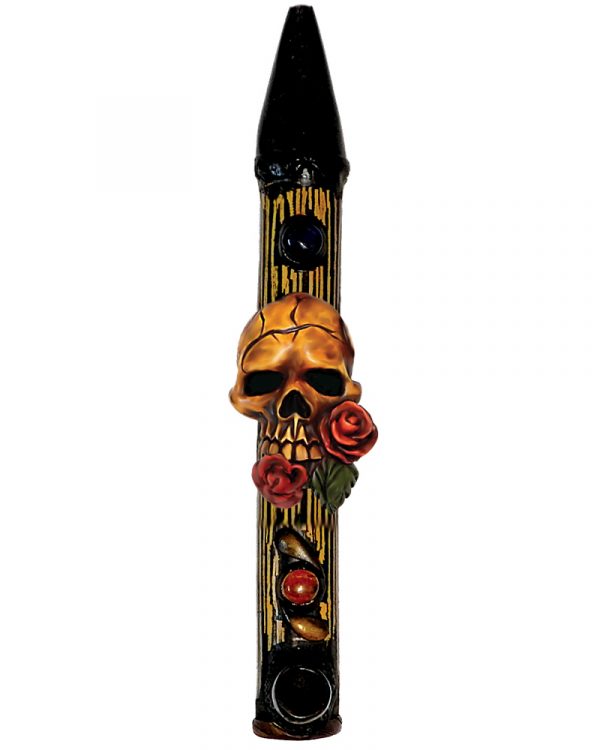 Handcrafted tobacco smoking natural bamboo wooden peace pipe of a beige skull with red roses in its mouth.