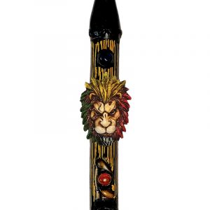 Handcrafted tobacco smoking natural bamboo wooden peace pipe of a lion head with a scar on one eye and Rasta-colored mane.
