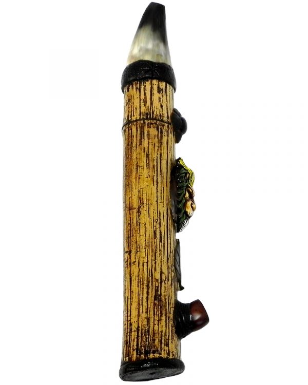 Handcrafted tobacco smoking natural bamboo wooden peace pipe of a lion head with a scar on one eye and Rasta-colored mane.