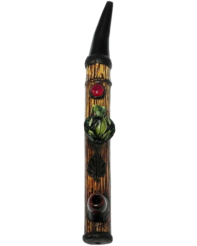 Handcrafted tobacco smoking natural bamboo wooden peace pipe of a tree frog with red eyes.