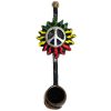 Handcrafted tobacco smoking hand pipe of a silver-colored peace sign with Rasta-colored sun rays in small size.