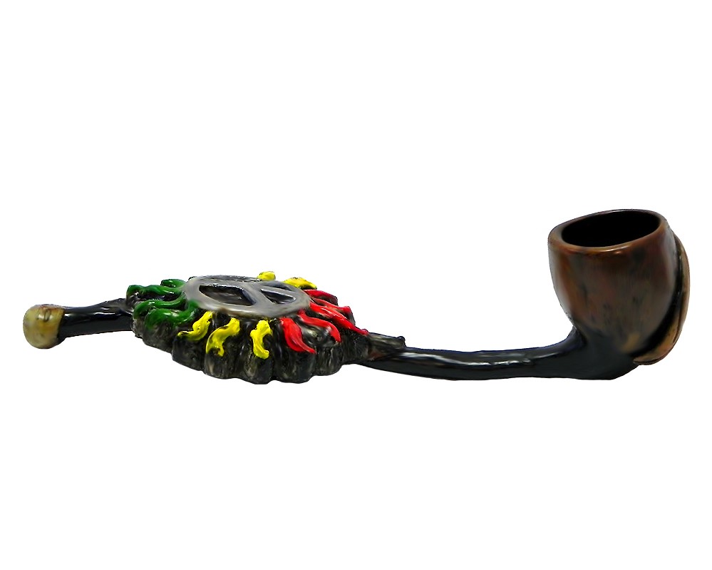 Handcrafted tobacco smoking hand pipe of a silver-colored peace sign with Rasta-colored sun rays in small size.