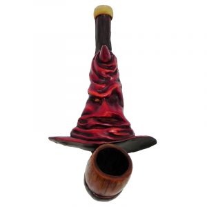 Handcrafted tobacco smoking hand pipe of a red wizard hat in small size.
