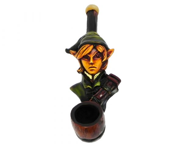 Handcrafted tobacco smoking hand pipe of an elf with green outfit in small size.