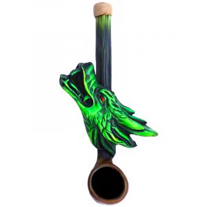 Handcrafted tobacco smoking hand pipe of a green dragon head with red eyes in small size.