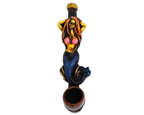 Handcrafted tobacco smoking hand pipe of sexy mermaid with pink seashell top and blue fin in small size.