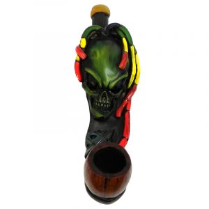 Handcrafted tobacco smoking hand pipe of a green alien head with Rasta colors and a blue spaceship in small size.