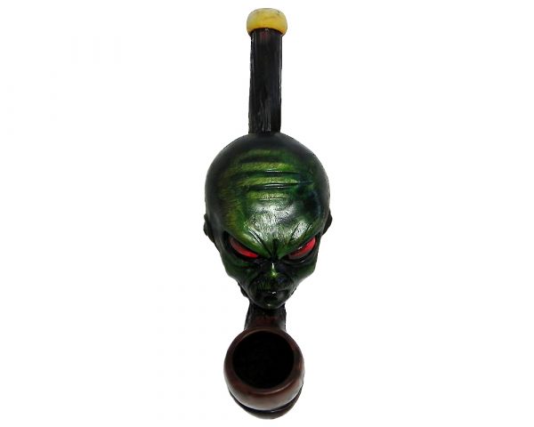 Handcrafted tobacco smoking hand pipe of a green alien head in small size.