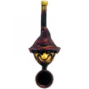 Handcrafted tobacco smoking hand pipe of a smiling bearded gnome head wearing a red hat in small size.