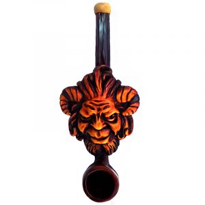 Handcrafted tobacco smoking hand pipe of an evil goat man head representing the Greek mythology god of the wild, Pan, in small size.