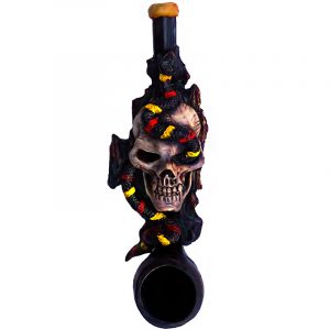 Handcrafted tobacco smoking hand pipe of a skull with a slithering coral snake in small size.