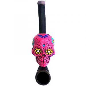 Handcrafted tobacco smoking hand pipe of a pink Day of the Dead sugar skull with multicolored floral designs in small size.