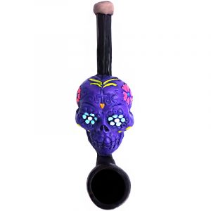 Handcrafted tobacco smoking hand pipe of a lavender purple Day of the Dead sugar skull with multicolored floral designs in small size.