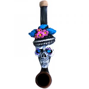 Handcrafted mini sized hand pipe of a New Orleans themed Mardi Gras sugar skull with purple and multicolored floral designs in small size.
