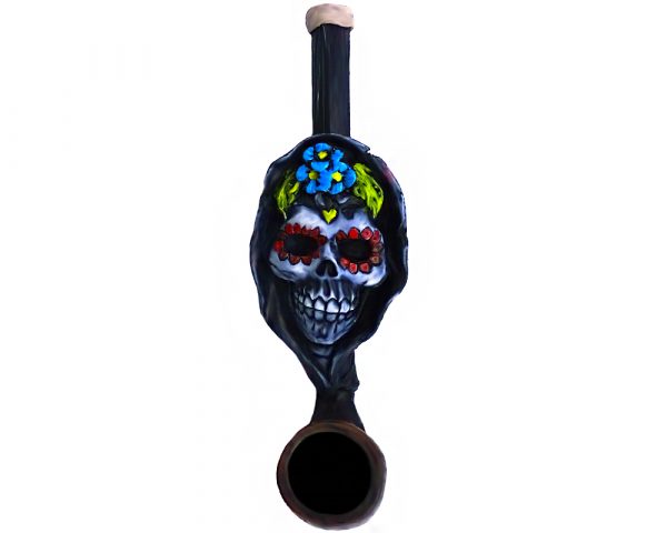 Handcrafted tobacco smoking hand pipe of a hooded death sugar skull with multicolored floral designs in small size.