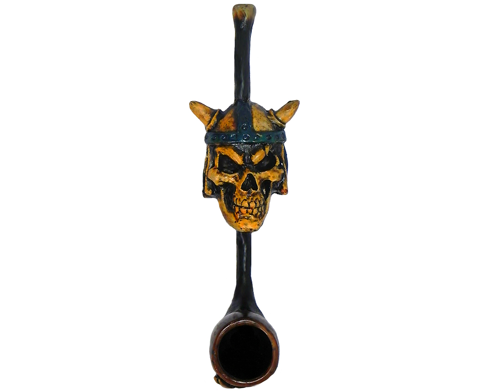 Handcrafted tobacco smoking hand pipe of a Viking skull head with a blue horned helmet in small size.