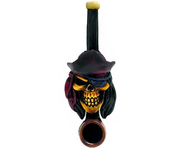 Handcrafted tobacco smoking hand pipe of a pirate skull with a red captain hat and an eye patch in small size.
