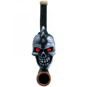 Handcrafted tobacco smoking hand pipe of a gray skull with a spiked mohawk in small size.