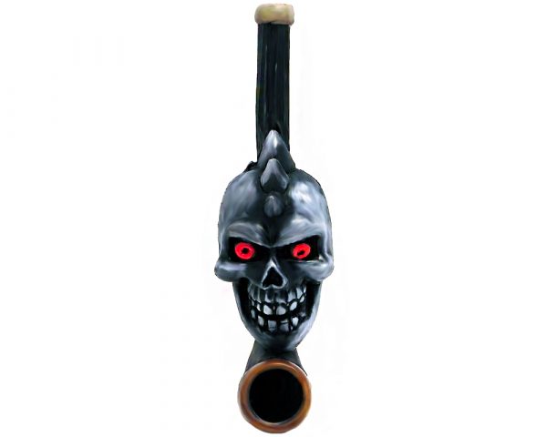 Handcrafted tobacco smoking hand pipe of a gray skull with a spiked mohawk in small size.