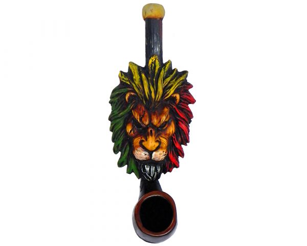 Handcrafted tobacco smoking hand pipe of a lion head with a scar on one eye and Rasta-colored mane in small size.