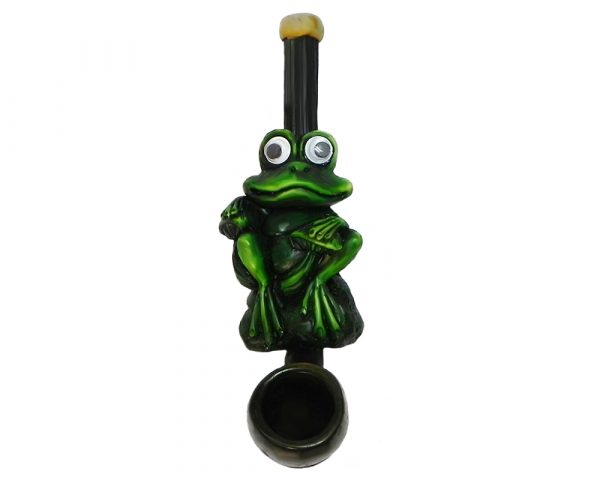 Handcrafted tobacco smoking hand pipe of a green sitting frog with googly eyes in small size.
