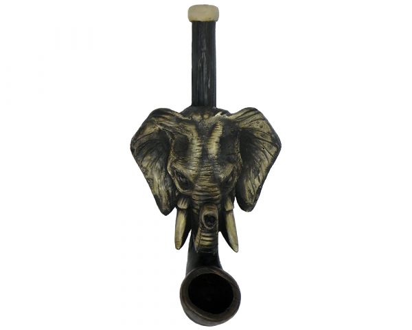 Handcrafted tobacco smoking hand pipe of a gray elephant head in small size.