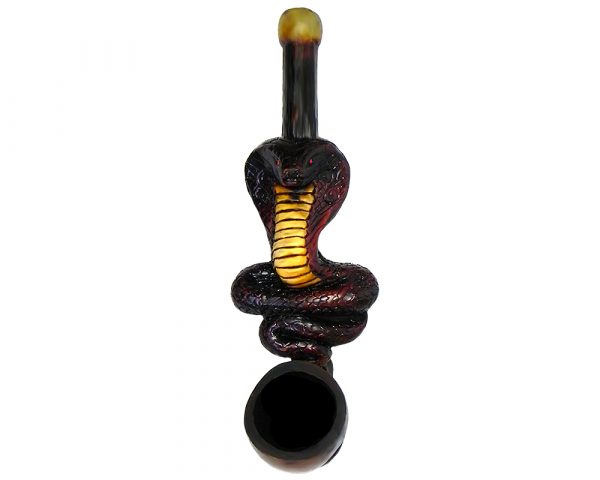 Handcrafted tobacco smoking hand pipe of a dark red King Cobra snake in small size.