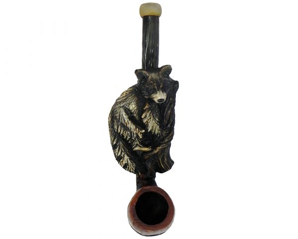 Handcrafted tobacco smoking hand pipe of a raccoon on a tree in small size.