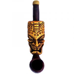 Handcrafted tobacco smoking hand pipe of a tiki head mask of Polynesian god, Kane in small size.