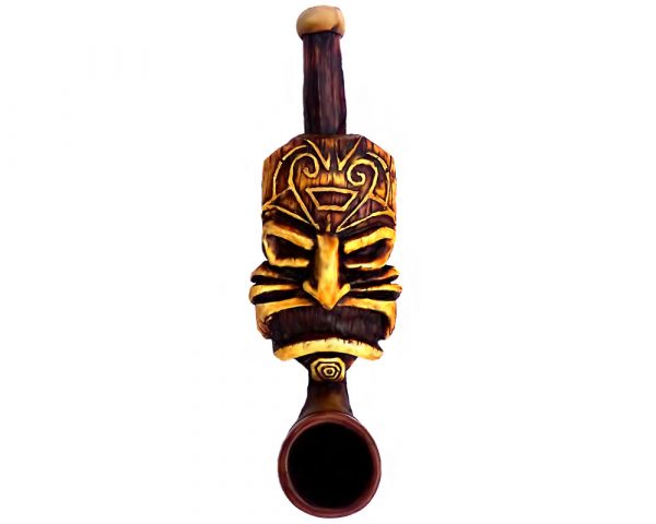 Handcrafted tobacco smoking hand pipe of a tiki head mask of Polynesian god, Lono in small size.
