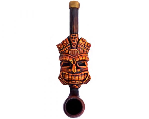 Handcrafted tobacco smoking hand pipe of a grinning tiki head mask in small size.