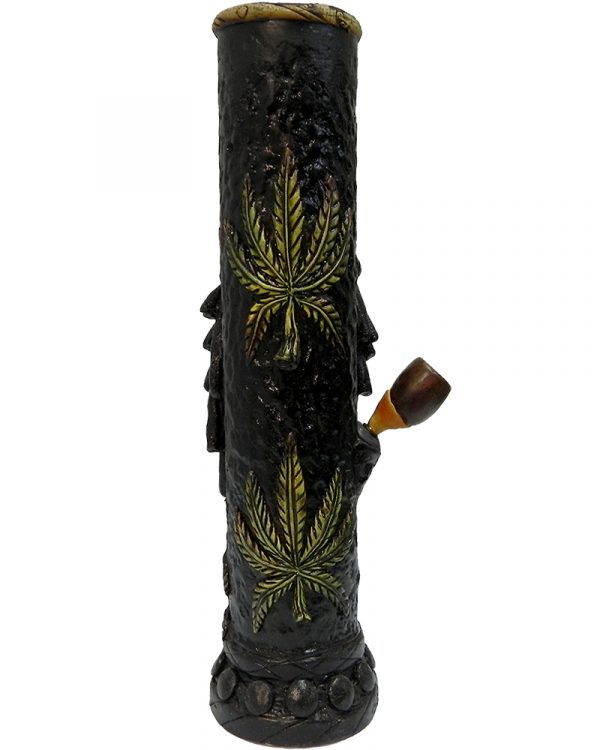 Handcrafted tobacco smoking water pipe of smoking Bob wearing green and gold peace sign necklace and decorative leaves.