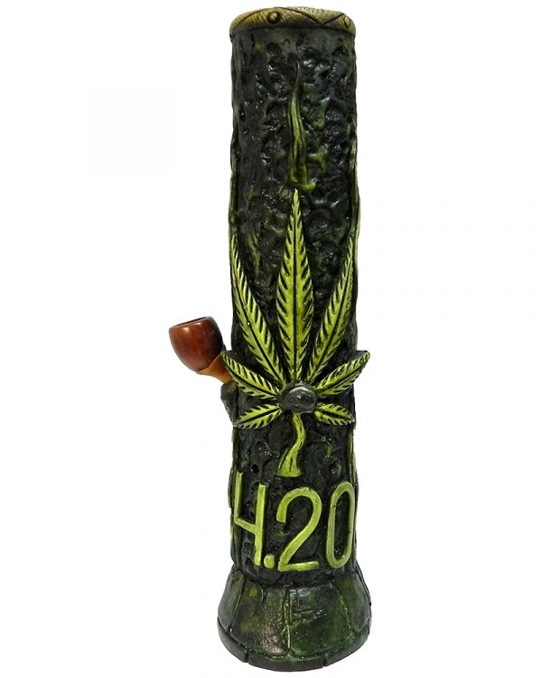 Handcrafted tobacco smoking water pipe of a cannabis pot leaf with a "4.20" sign.