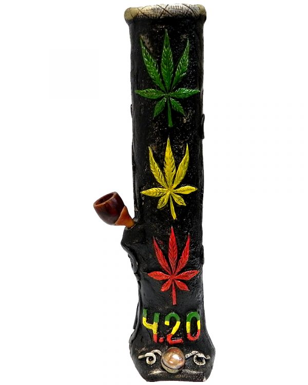 Handcrafted tobacco smoking water pipe of three cannabis pot leaves in Rasta colors with a "4.20" sign.