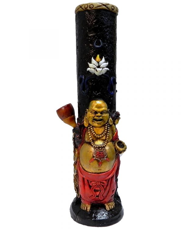 Handcrafted tobacco smoking water pipe of a fat red and gold Chinese Buddha with a white lotus flower and om sign sun on the back.