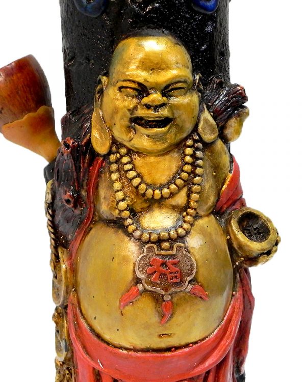 Handcrafted tobacco smoking water pipe of a fat red and gold Chinese Buddha with a white lotus flower and om sign sun on the back.