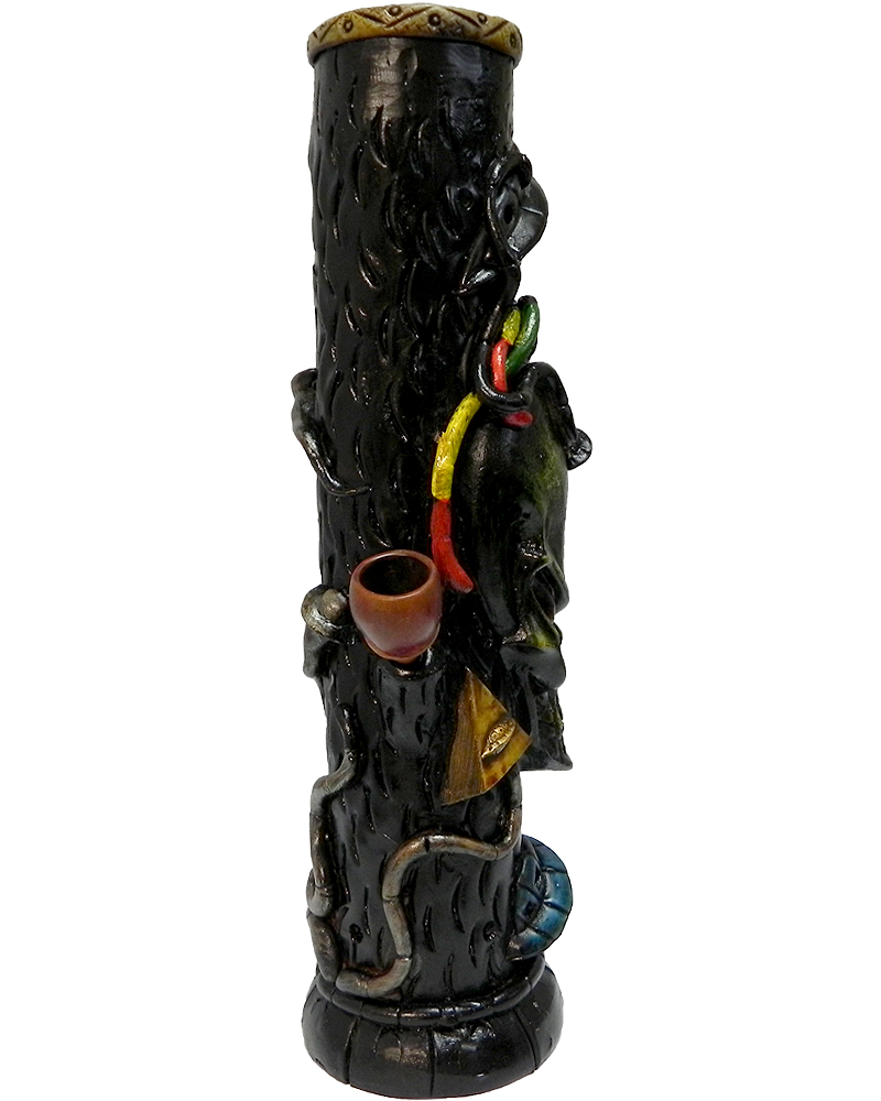 Handcrafted tobacco smoking water pipe of a green alien head with Rasta colors, an all-seeing eye pyramid, and a blue spaceship.