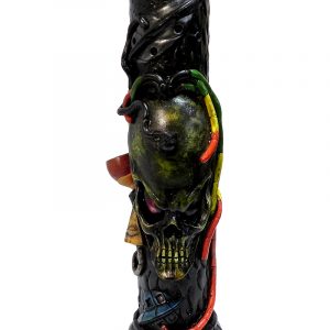 Handcrafted tobacco smoking water pipe of a green alien head with Rasta colors, an all-seeing eye pyramid, and a blue spaceship.