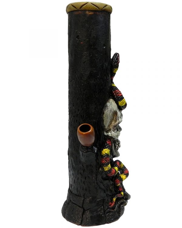 Handcrafted tobacco smoking water pipe of a skull with a slithering coral snake.