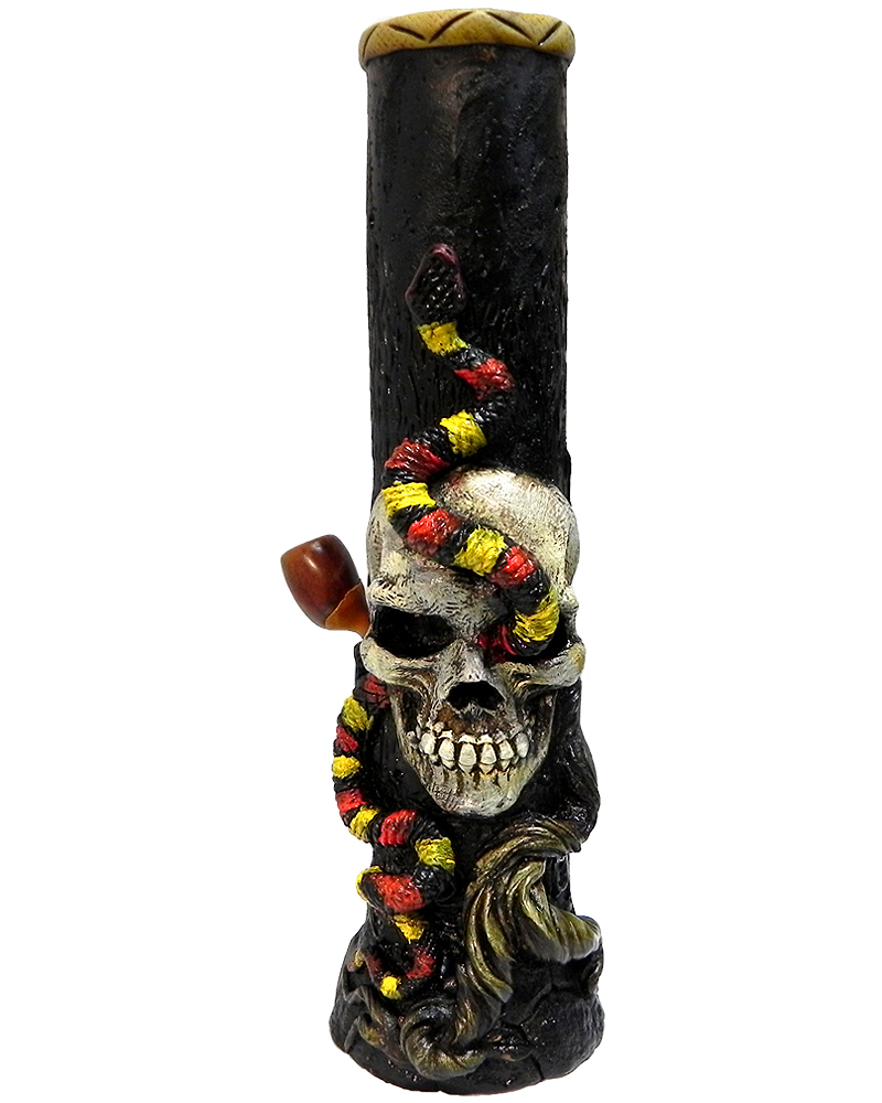 Handcrafted tobacco smoking water pipe of a skull with a slithering coral snake.