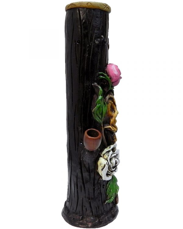 Handcrafted tobacco smoking water pipe of a beige skull with pink and white roses.