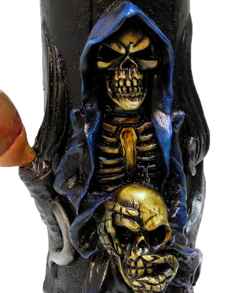 Handcrafted tobacco smoking water pipe of a blue hooded grim reaper death skeleton holding a skull.