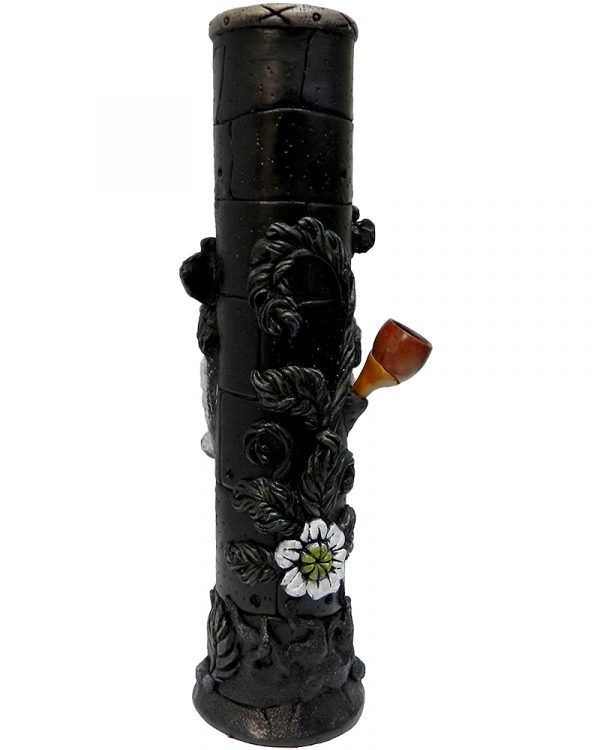 Handcrafted tobacco smoking water pipe of a New Orleans themed Mardi Gras sugar skull with a purple suit and multicolored floral designs.