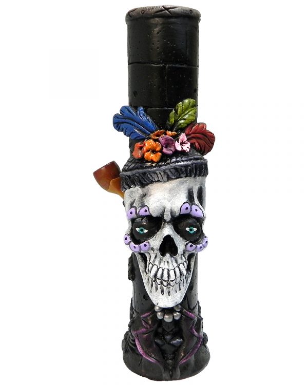 Handcrafted tobacco smoking water pipe of a New Orleans themed Mardi Gras sugar skull with a purple suit and multicolored floral designs.